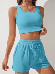 Scoop Neck Wide Strap Top and Drawstring Shorts Set